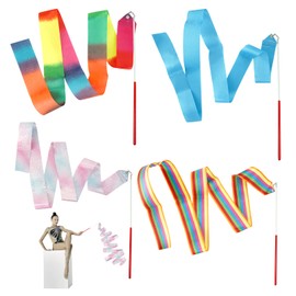 Pack of 4 Gymnastics Bands Dance Band Flutter Band Rhythmic Sports Gymnastics Bar Outdoor Rubber Twist Turn Accessories Gymnastics Band with Rod Dance Bands Gymnastics Rod