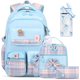 ACESAK Backpack for Girls with Insulated Water Bottle, Bow Tie Plaid Bookbag for Girls Kids, 14oz Termos Kids Water Bottle Stainless Steel, Lunch Bag & Pencial Case, Back To School Gift (Blue)