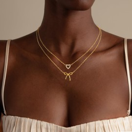 MBW Heart Necklaces for Women Trendy, Dainty Layered 14K Gold Plated Bow Pendant Choker Necklaces Stack Double Gold Love Heart Chains Hypoallergenic Unique Elegant CZ Jewelry Set for Mom Lover