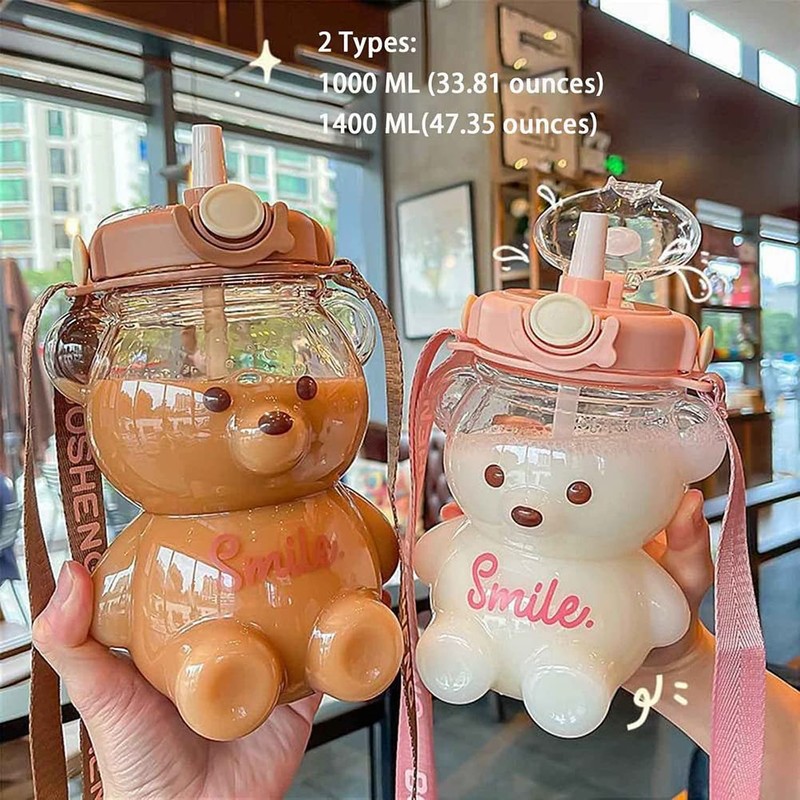 Kawaii Bear Girls Portable Water Bottle with Straw and Adjustable