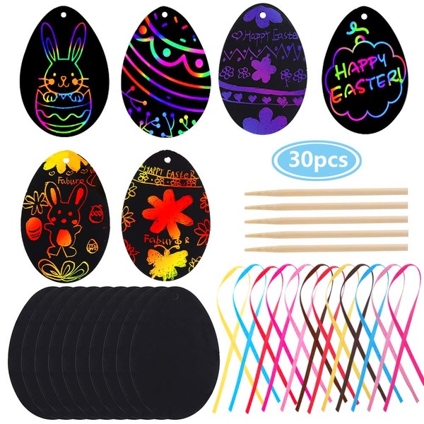 Faburo 30-Piece Children’s Easter Crafts Scratch Art Picture Pendants Set