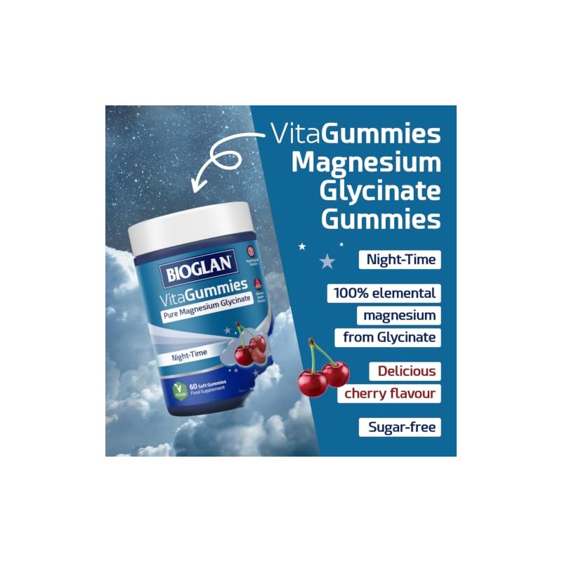 Bioglan VitaGummies Pure Magnesium Glycinate Night-Time Gummies, 100mg Magnesium Bisglycinate,
