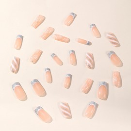 CHAONENG Press on Nails Christmas Nails Xmas Snowflake Stick on Nails Acrylic Fake Nails Holiday Nails 24 Pcs Coffin Glossy Pattern False Nails Gel Glue on Nails for Women Girls