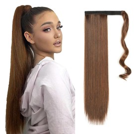 TTPSRY Ponytail Hair Extension 24 Inch Long Straight Synthetic Extensions Braid Velcro Natural Straight Ponytail for Women (Red Brown)