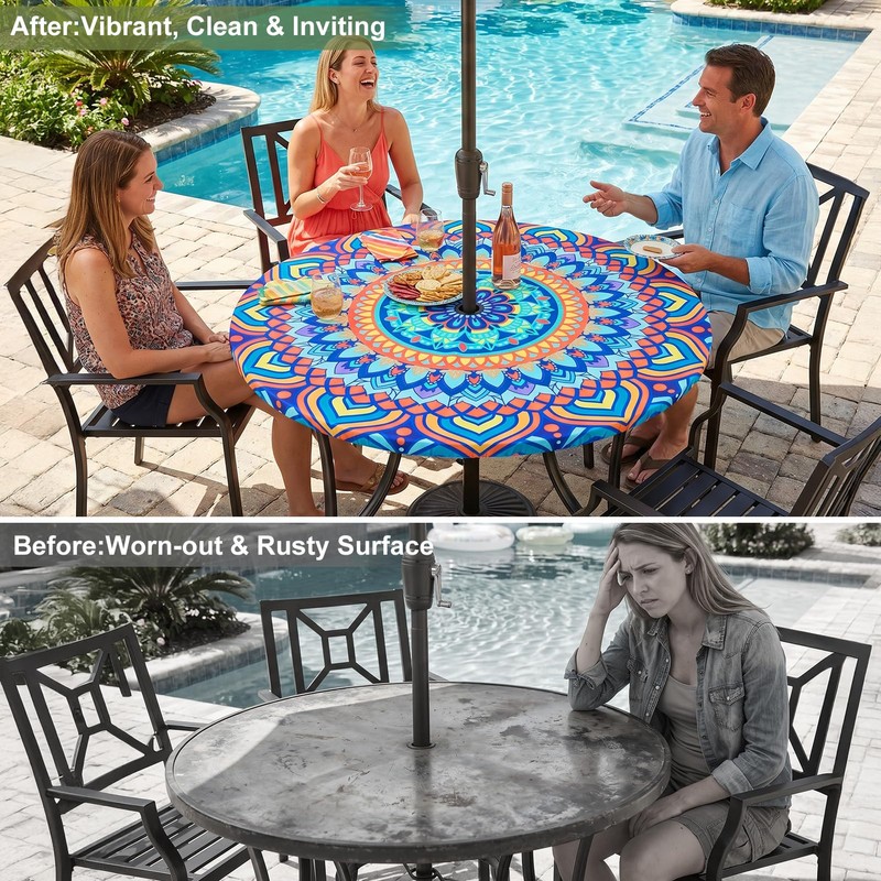 pickyNproud Round Tablecloth with Umbrella Hole and Zipper, Waterproof Wipeable