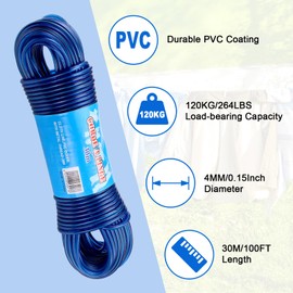 Yimomoyi 30m Washing Line Rope, Heavy Duty Clothes Line Steel Core, Strong String 4mm Dia Clotheslines, Long Clothes Lines for Outside Garden, Rustproof and Waterproof Heavy Duty Washing Line (Blue)