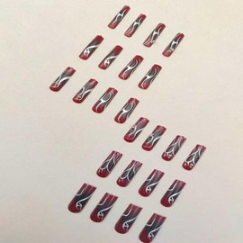 Claret Press on Nails Long Square Artificial Fake Nails with Silver Lines Rhinestones Design French False Nails Full Cover Reusable Coffin Nails Press Acrylic Nails Set Glue on Nails for Women 24Pcs