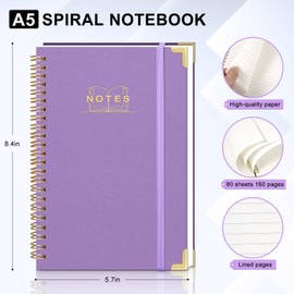 Lined Spiral Journal Notebook, A5 Hardcover Spiral Notebook for Work, 5.7''×8.2'', 100GSM Thick Paper Spiral Bound Journaling Notebooks for Women & Men Office School Note Taking Business, Purple
