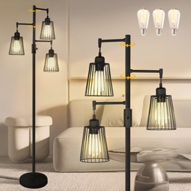 COFF Industrial Floor Lamp, 3 x 1200LM Edison LED Bulbs Included, Bright 3-Light Dimmable Floor Lamp, Farmhouse Tall Standing Lamp for Living Room, Bedroom Office Rustic Home Decor (Matte Black)