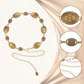 KFHENSOMR Cow Girl Belt Gold Western Belt Chain Belts Western Metal Concho Belts for Women Cowgirl Boho Waist Chain Country Concert Outfit for Dress Jeans Pants