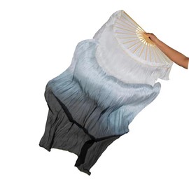 TMZAQH Women 1 Piece Right Hand Real Silk Long Belly Dance Fan Veils 150 * 90 cm (White Black)