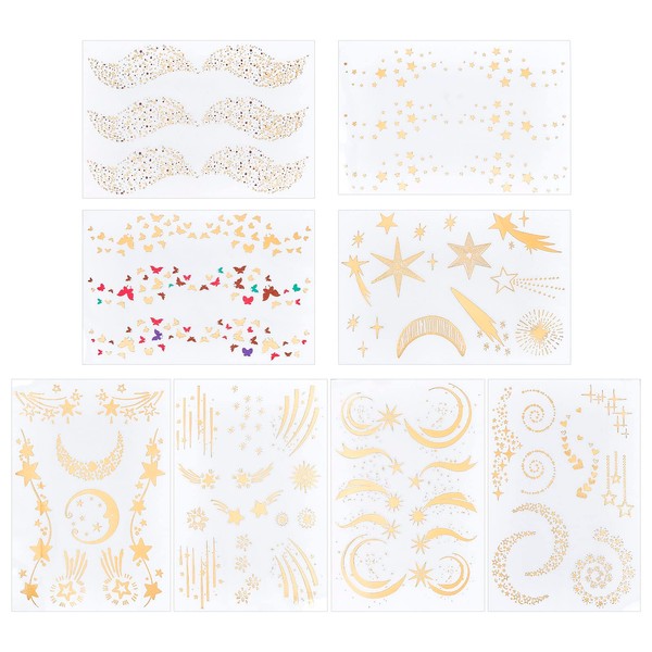 GORGECRAFT 8 Sheets Temporary Tattoo 8 Styles Glitter Gold Freckles Tattoos 3D Body Art Sticker Tattoo Butterflies Wings Moons Meteors Temporary Tattoos Stickers Makeup Accessories