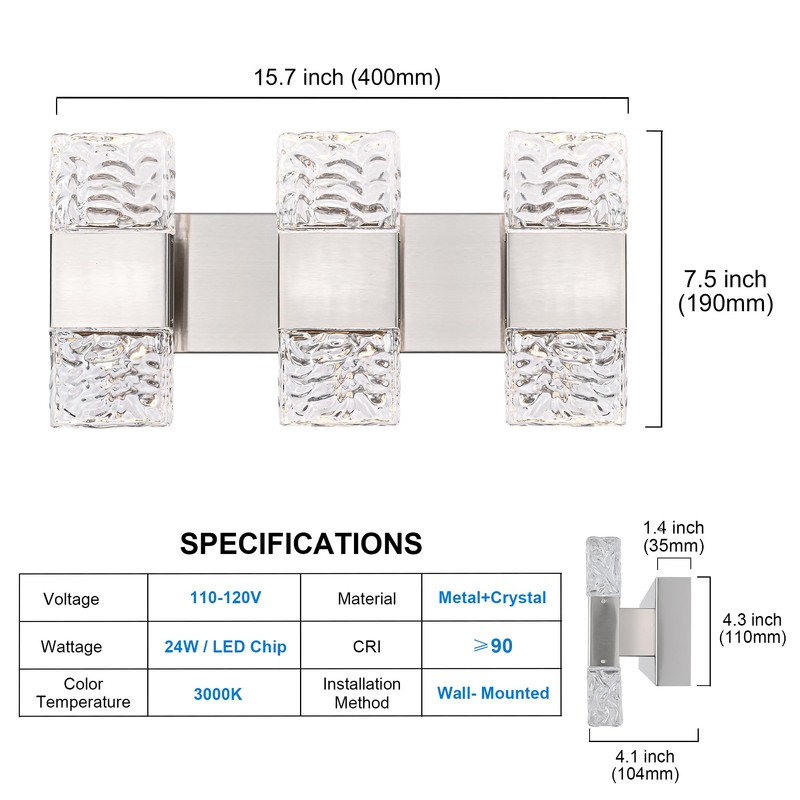 MELUCEE 3-Light Brushed Nickel Vanity Light Bar LED Bathroom Lighting