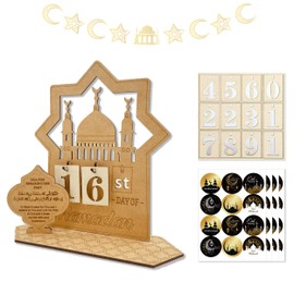 Ramadan Countdown Calendar, Wooden Eid Mubarak Calendar with 4 Sheets Ramadan Stickers, 30 Days Countdown Eid Calendar Ramadan Table Decor Eid Mubarak Ramadan Decoration for Home