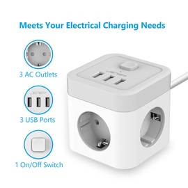 JSVER Steckdosenleiste Würfel USB,Mehrfachsteckdose 3 Fach(3680A 16A) Powercube mit 3 USB Ladegerät (15,5W) Schreibtisch mit Schalter für Büro, zu Hause oder auf Reisen 1,5m Kabel