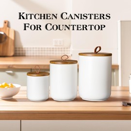 JOJUNO White Ceramic Canister Set with Wooden Lid, 3-Piece Airtight Food Storage Jars for Kitchen Counter - Flour, Sugar, Coffee, Tea, Spice - Small, Medium, Large Sizes