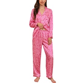 Samring Button up Pajamas for Women Satin Pj Set Long Sleeve Silk 2 Piece Pjs Lounge Sets Sleepwear Hot Pink Leopard XXL