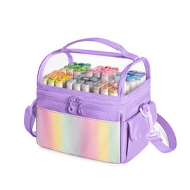 GRAOSO Marker Organizer Case for up to 72 Markers, Marker Storage Bag with Detachable Divider and 3 Extra Pockets, PVC Top Easy Find Your Need, Handle and Shoulder Strap, Purple (Case Only)