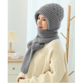 CheChury Knitted Hat with Scarf Attached Womens 2 in 1 Winter Fleece Lined Knitted Beanie Hooded Scarf Integrated Ear Protection Windproof Cap Scarf Warm Hat and Scarf Set for Women,Grey