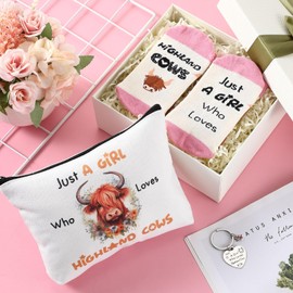 Xuniea Xuniea 3 Pcs Higland Cow Gift Set for Women Cow Lover Highland Keyring Highland Cattle Makeup Bag Cotton Socks Just a Girl Who Loves Gifts Cute Animal Themed Party Supplies
