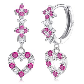 KRFY S925 Sterling Silver Hoop Earrings for Girls Rose-Red Cubic Zirconia Small Flower Hoop Heart Dangly Earrings Tiny Cute Huggie Cartilage Dangle Hoop Earring with Charm for Kids