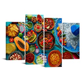 Nachic Wall 4 Piece Kitchen Canvas Wall Art Colorful Mexican Food Picture Photo Prints for Dining Room Decorations Modern Still Life Vegetables Fruit Painting Restaurant Decor Artwork Ready to Hang