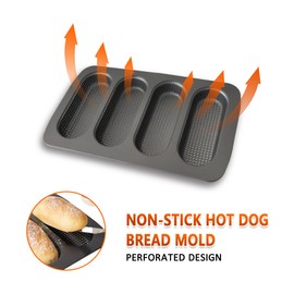 JSJMOFA Hot Dot Bun Pan, Perforated Carbon Steel Bread Loaf Pan, Non-Stick Hot Dog Bun Baking Tray, Mini Baguette Sandwich Baking Tray for Hot Dog Bun Rolls, Black (2 Pack)