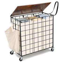 DXIGUSO 140L Laundry Basket with Wheels, Large Capacity Laundry Hamper with 4 Separate Removable Liner Bags, Heavy Duty Laundry Sorter with Solid Wood Lid & Leather Handles (Beige)