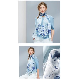 MEISEE - Bufanda larga 100 % seda de morera para mujer, bufanda grande con protector solar para la cabeza y el cuello, envolturas para el cabello con paquete de regalo, Peonía azul claro, 67*21in