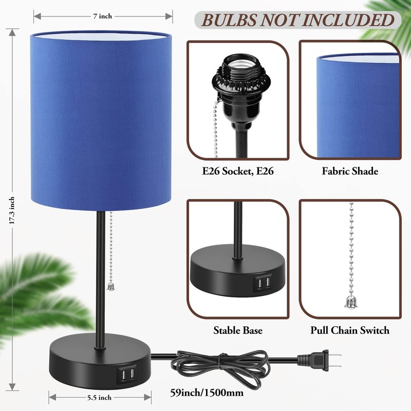 Table Lamps Set of 2 with USB Charging Ports, Blue
