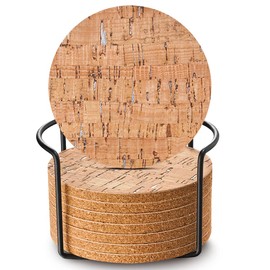 LIFVER 8 Packs Cork Coasters for Drinks, Outdoor Coasters with Holder, 4 Inches Drink Coasters with Cork Bases, for Tabletop Protection, Ideal Housewarming Gifts, Home Decor