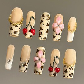 NailVesta DreamWear Collection – 100% Handcrafted 3D Press-On Nails | Reusable, Long-Lasting, Salon-Quality:_Cherry Cheetah_L