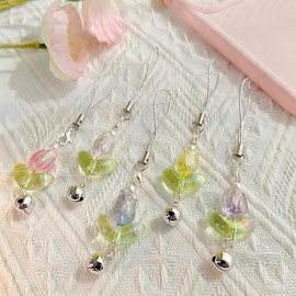 Pink Cute Tulips Flower Bell Pendant Phone Straps Lanyard Pocket Keychain Strap Backpack Charm Car Key Decoration Chain Cell Phone Charms Accessories