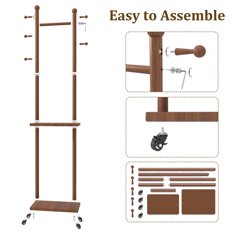 PZDJUMO Solid Wood Coat Rack Clothes Rack with Wheels &
