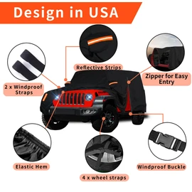 FiveFox Waterproof Car Cover for Jeep Wrangler 2 Door 1987-2024 2025 JK JL TJ YJ CJ Sahara, Upgraded Outdoor Full Exterior Sun Rain Snow Hail Protection with Driver Door Zipper