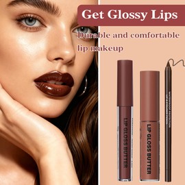 PERVALA 2 Colors Nourishing Lip Gloss & Liner Combo, Non-Sticky Lip Plumper with Natural Nude Tinted Lip Oil, Moisturizing Lightweight Lip Kit for Women, Long Wear Shiny Lip Gloss with Lip Liner Set