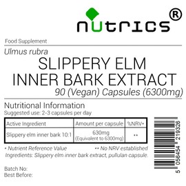 Nutrics® Slippery Elm Inner Bark 6300mg - Ulmus rubra 100% Pure x 90 V Capsules (1 Month Supply) - Suitable for Vegan Vegetarian Halal & Kosher Diet