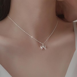 TseenYi Bow Pendant Necklace Silver Bow Knot Pendant Necklace Small Bow Tie Pendant Necklace Tiny Beads Chain Necklace Minimalist Choker Necklace Chain Jewelry for Women and Girls