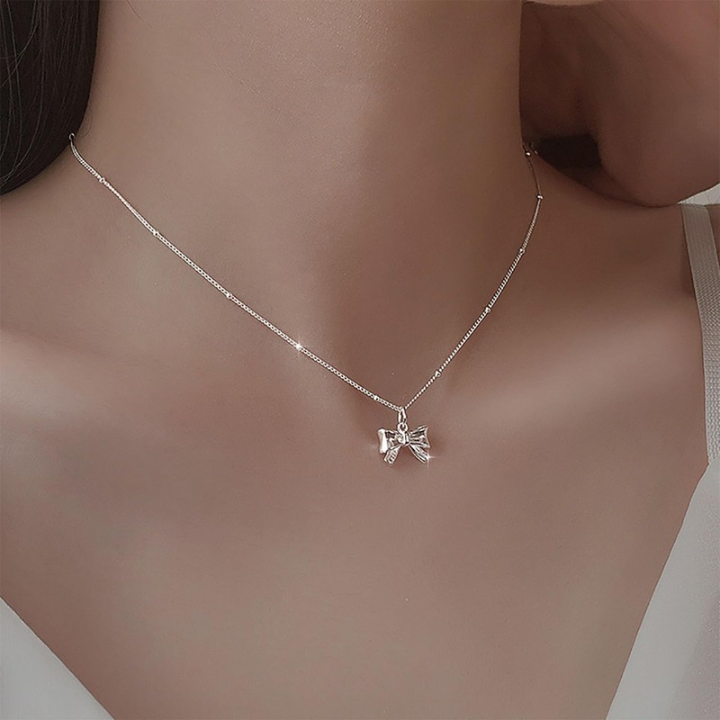 TseenYi Bow Pendant Necklace Silver Bow Knot Pendant Necklace Small