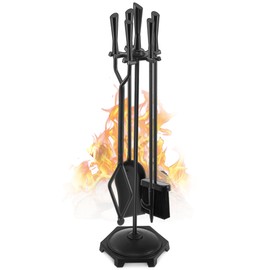 Gtongoko 5 Pcs Fireplace Tools Set 32" Black Wrought Iron Large Fire Tool Set for Outdoor/Indoor Include Chimney Poker, Rustic Tongs, Shovel, Antique Brush and Stand Accessories Set