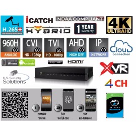 U.S. Security solutions 4 Channels H.265+ 4K Ultra HD Hybrid Surveillance DVR/NVR 7 in 1 IP/Cloud/P2P  - 2TB