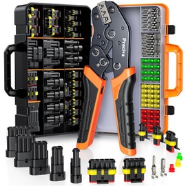 Ratchet Crimping Tool Kit with Crimper,18–14 AWG Wire Crimper, IP67 Waterproof Automotive Electrical Connectors 1/2/3/4/5 Pin & Terminal Removal Tools for Motorcycle, Marine, Boat