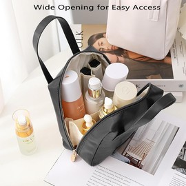 Bolsa de Maquillaje de PU de Primera Calidad, Bolsa de Cosméticos de Viaje de Gran Capacidad, para Hogar Vacaciones Viaje Baño (Negro)