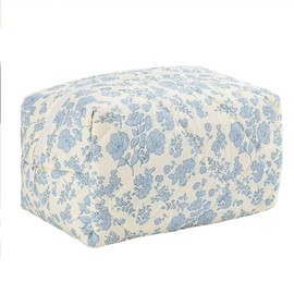 FITINI Makeup Bag Travel Large Portable Quilted Floral Print Cosmetic Organizer Cute Pouch for Women Soft Cotton Zipper Waterproof Toiletry Storage Bags,Blue Flower
