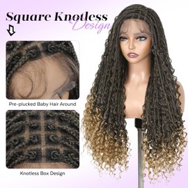 Lady Miranda Braided Wigs for Black Women Lace Front Knotless Boho Box Braided Wig with Curly Ends Full Lace Frontal Square Knotless Goddess Bohemian Box Braided Wigs with Baby Hair