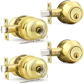 Probrico Keyed Entry Door Knobs Exterior Lockset and Single Cylinder Deadbolt Combination Set for Front Door, Polished Brass (2 Pack) Keyed Alike