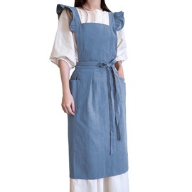 Small snail Women's Retro Cotton Apron Solid Colour Japanese Style Ruffle Apron with Large Pockets Cross Back Aprons Flower Shop Cafe Baking Casual Apron (Blue), blue