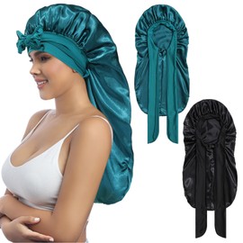 Coubeau Long Satin Sleep Cap for Women - High Quality Soft and Comfortable Fabric Suitable for Long and Curly Hair Elastic and with Adjustable Elastic Band
