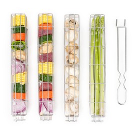 Onlyfire Chef Large Kabob Grilling Baskets Set of 4, Stainless Steel Grilling Baskets with Removable Handle for Grilling Veggies, Seafood and Meat, Large Capacity Easy Lock Grill Baskets for Outdoor