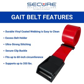 Secure 5 Pack EZ Clean Vinyl Gait Belt for Elderly, Red - Easy to Clean Plastic Transfer Belt, Stand Assist Aid for Seniors, Patient Caregivers, Nurses, Physical Therapy